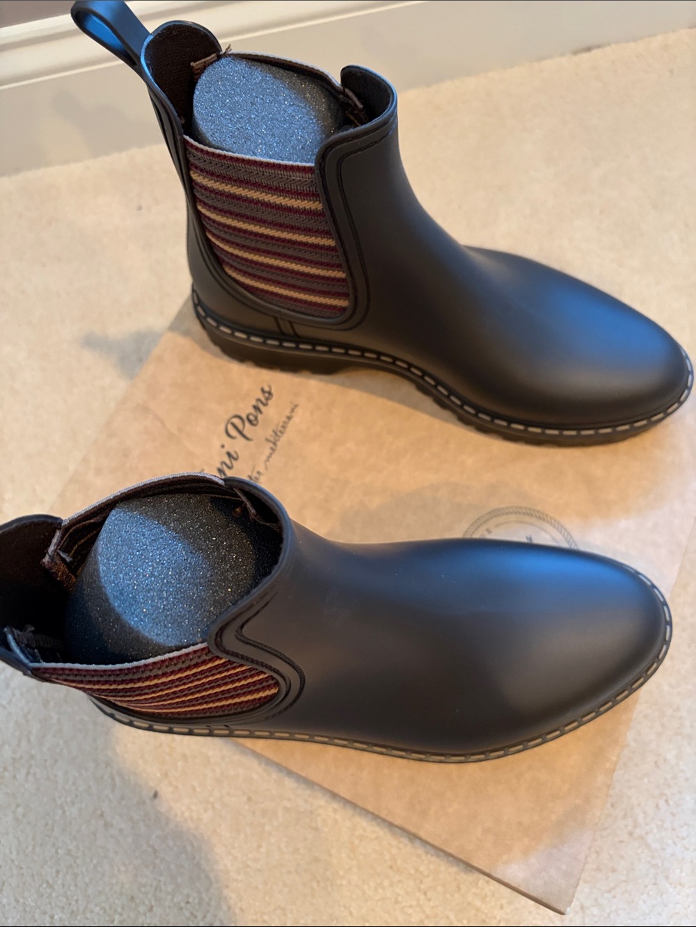NWT and NIB Toni Pons Brown Chelsea Rain Boots with Striped Elastic Side Panels